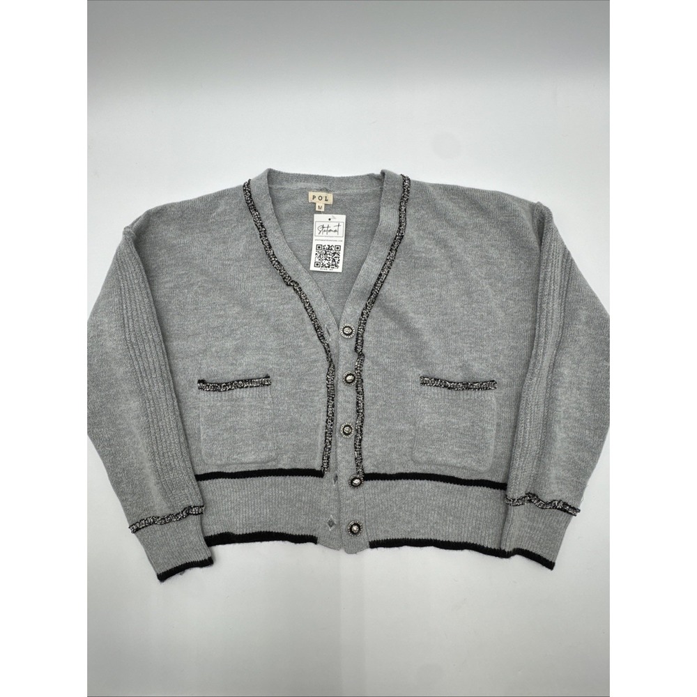 POL Cardigan Vintage Inspired Details Size M Grey Black Silver Sweater Pockets
